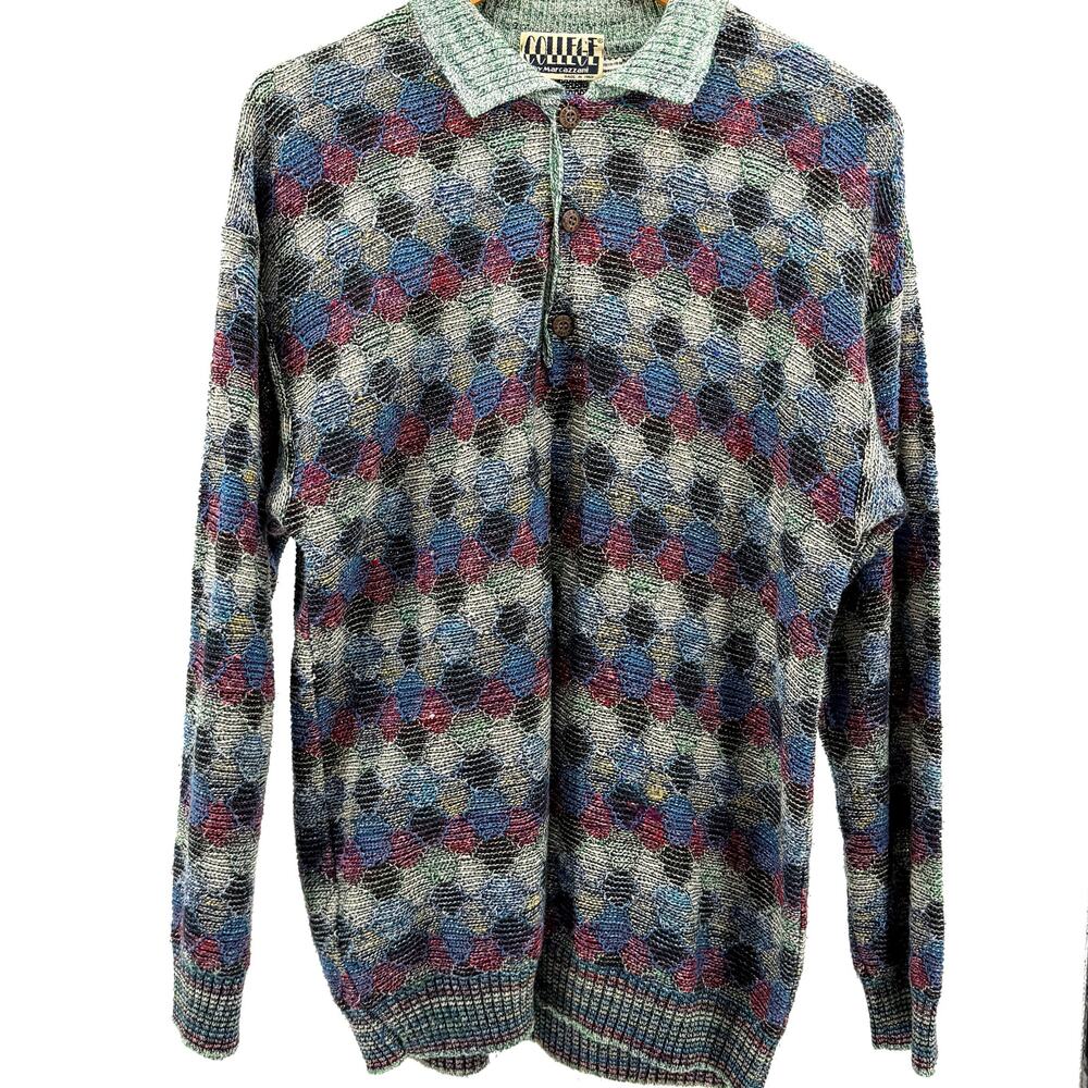 Vintage 90s College by Marcazzani Multi Geometric Textured Polo Sweater